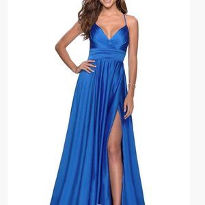 La Femme Royal Blue Satin Deep V-neck A-line Gown Formal Gown Prom Size 8